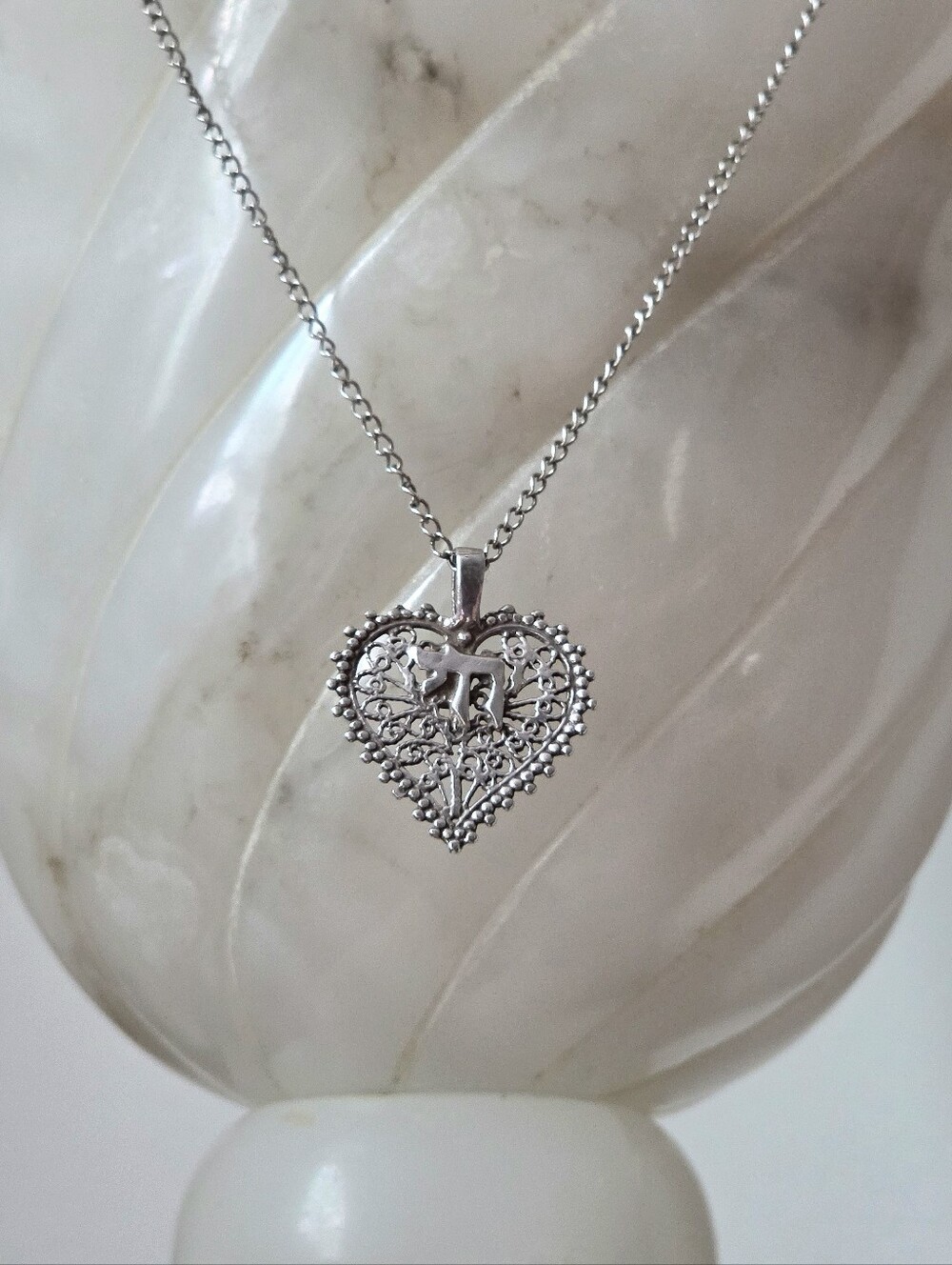 925 Silver Heart "Chai" Judaica Filigree Women's Pendant 16" Necklace